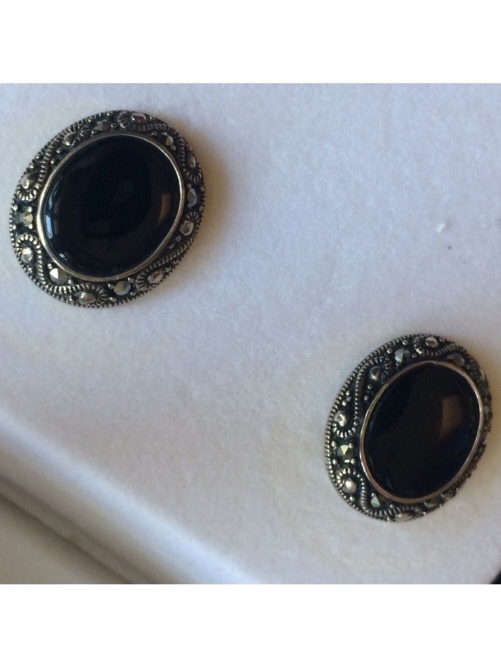 Sterling silver and Marcasite black onyx oval earrings classic dressy evening